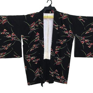 Vintage Haori Noragi Kimono Japanese Cardigan Happi Jacket Traditional Robe Yukata Sashiko Jinbei Hanten Size L XL B677 Black Art Leaf