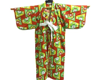 Vintage Noragi Kimono Hanten Jinbei Japanese  Haori  Tomesode Cardigan Happi Jacket Red B308 Robe Dress