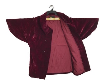 Vintage Padded Velvet Japanese Traditional Noragi Kimono Haori Hanten Jinbei Cardigan Happi Jacket Size L Plain Design Motifs YA735