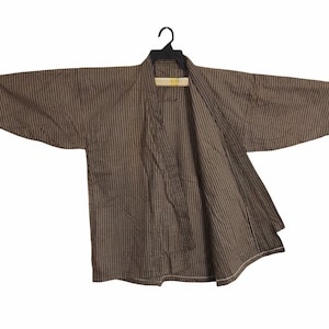 Vintage Japanese Traditional Noragi Kimono Haori Hanten Jinbei Cardigan Happi Jacket Size XL Striped Design C171 Brown