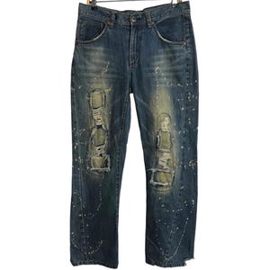 Vintage Big Train Japanese Brand Indigo Distressed Denim Paint Splash Thrashed Ripped Style Fits Size 32 33 Unisex Streetwear Designer E704