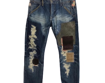 Marca japonesa Takeo Kikuchi vintage con parches desgastados, mezclilla índigo, talla 32, ropa de calle de diseñador inspirada en la marca unisex Z018