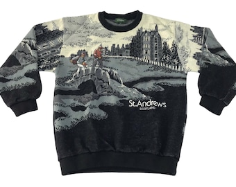 Vintage 90er St Andrew Schottland Landschaft Golf All Over Grafik Strick Sweatshirt Wolle Pullover Streetwear passt Größe S M Unisex E612