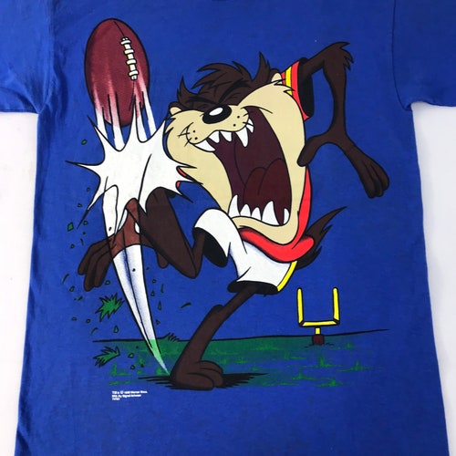 Vintage 90s Warner Bros shops Looney Toon Taz NFL Tee T-shirt Big Printed Logo Inspired Designer Unisex Wear Streetwear Fits Size M C407j