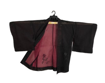 Mega Sale!!! Vintage Noragi Kimono Hanten Jinbei Japanese Traditional Haori Cardigan Happi Jacket Floral Motifs YA429 Black