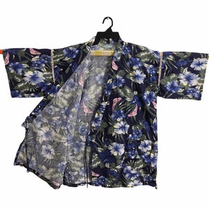 Vintage Japanese Traditional Noragi Kimono Haori Hanten Jinbei Japanese Cardigan Happi Jacket Size XL Floral Hibiscus Design C147 Multicolou