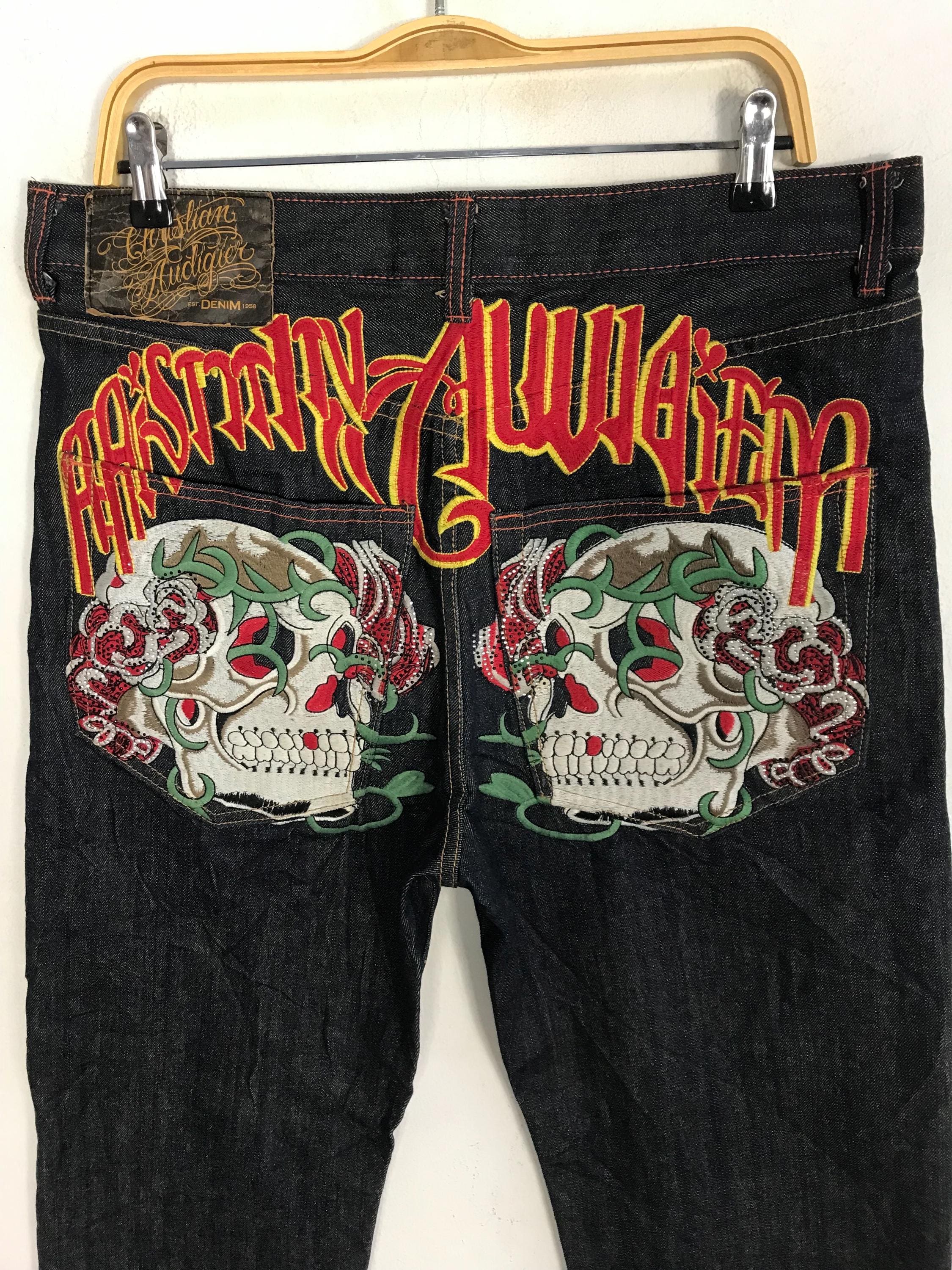 Vintage Ed Hardy Denim by Christian Audigier Embroidery Skull Bone