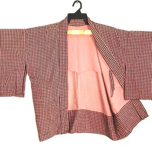 Vintage Haori Noragi Kimono Japanese Cardigan Happi Jacket Traditional Robe Yukata Sashiko Jinbei Hanten Size M L Checked Design YA820