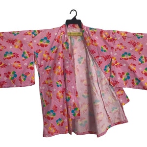 Vintage Noragi Kimono Hanten Jinbei Japanese Haori Cardigan Happi Jacket Butterfly Hibiscus Motifs Y783 Pink Fits Size L XL