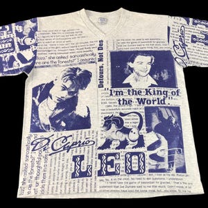 Camiseta vintage de los años 90 con estampado de periódico de Leonardo Di Caprio de Celtic Brand Streetwear, Actoc Artist Movie (talla XL, YA171j)