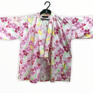 Vintage Hiromichi Nakano Noragi Kimono Hanten Jinbei Japanese  Haori  Cardigan Happi Jacket  White Flora B410