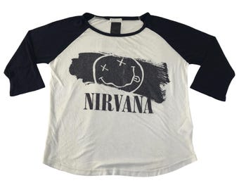 Vintage Style Nirvana Kurt Cobain Smiley Face Raglan 3/4 Sleeve Crewneck Printed Tee T-shirt Designer Streetwear Fits Size M YA985j