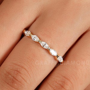 Antique Vintage Marquise Cut Moissanite Stacking Matching Unique Bridal Band, 14K Solid Yellow Gold Conservative Half Eternity Wedding Ring