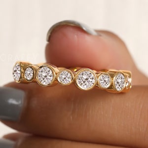 Round Cut Moissanite Bezel Set Wedding Band, 14K Yellow Gold Diamond Band, Bridal Ring Set, Round Cut Matching Band For Engagement Ring