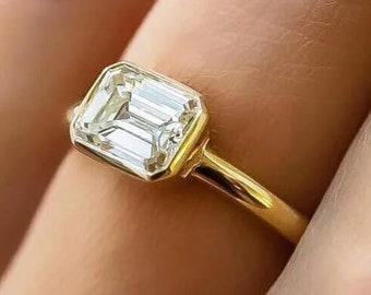 1.75 CT Emerald Bezel Ring Emerald Cut Moissanite Engagement Ring Dainty Promise Bezel Ring Solitaire Bezel Ring Bezel Setting Design