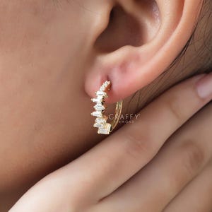 Baguette Cut Moissanite Hoop Earrings, Sparkling Cluster Bridal Huggies Earrings, Minimalist Earring For Everyday Wear, Personalized Jewelry