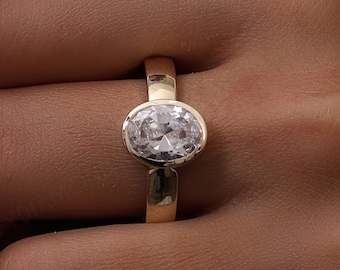 14K Solid Gold Ring 1.25 CT Oval Bezel Set Engagement Ring Diamond Wedding Ring Moissanite Engagement Ring Anniversary Promise Ring Gift Her