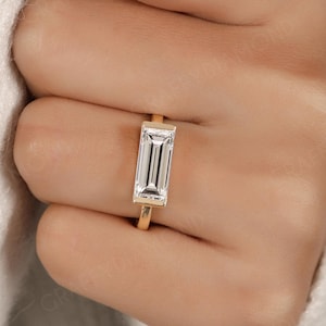 Ost West Moissanit Solitaire Ring, Baguette Cut Bar Set Ring, Horizontale Diamant Verlobungsring, Antik Stil Goldring, Unisex Ring