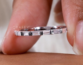 Baguette Cut Moissanite Ring, 14K White Gold Half Eternity Wedding Band, Unique Matching Band for Engagement Ring, Minimalist Gift For Her