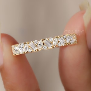 Mixed Shape Baguette Cut Moissanite Wedding Band, Round, Marquise Cut Yellow Gold Full Eternity Cluster Stacking Dainty Band Christmas Gifts