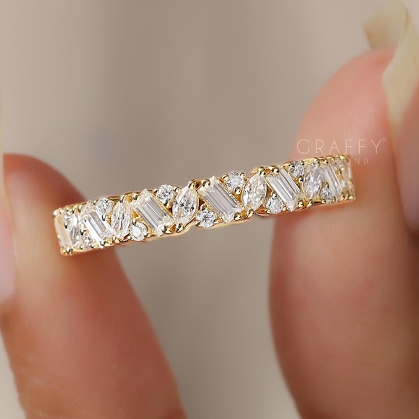 Mixed Shape Baguette Cut Moissanite Wedding Band, Round Marquise Cut Yellow Gold Full Eternity Cluster Stacking Dainty Band Christmas Gifts