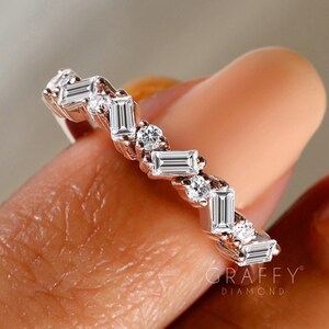 Mix Diamond Moissanite Band Baguette And Round Cut Wedding Band Unique Stacking Band Half Eternity Band Bridal Set Ring Anniversary Gifts