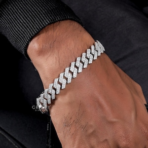 Cuban Link Chain Silver Bracelet For Men Miami Iced Out Moissanite Diamond Bracelets Stylish Rapper Bracelet Hip Hop Jewelry Gift For Him