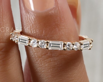 Baguette and Round Moissanite Alternating Band, Minimalist Full Eternity Band, Solid Gold Ring for Women, Stackable Band for Engagement Ring
