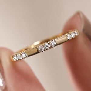 Round Cut Flush Set Colorless Diamond Eternity Wedding Band, 14K Solid Yellow Gold Matching Band, Chunky Dainty Band, Etoile Stackable Ring