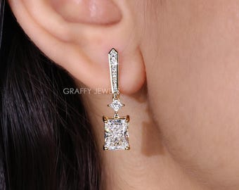 Radiant Cut Diamond Drop Earrings for Women, 14K Yellow Gold Dangle Earrings, Lab Grown Diamond Huggie Earrings, Bridal Wedding Earrings