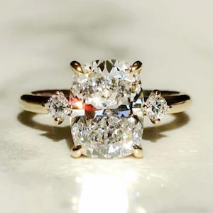 Elongated Cushion Cut Moissanite Engagement Ring, 10K Solid Yellow Gold Three Stone Proposal Ring, Cathedral Shank Anniversary Surprise Gift