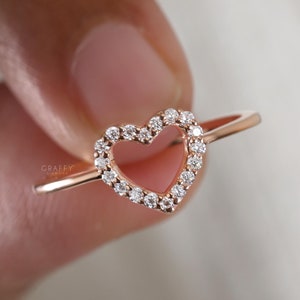 Tiny Diamond Love Heart Ring Round Diamond Open Heart Ring Dainty Ring For Women 14K Solid Gold Promise Ring Minimalist Gold Ring For Her