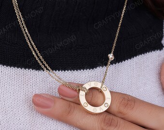 14k Solid Yellow Gold Love Circle Pendant Double Chain Necklace Charm 2 Diamond Circle Pendant Forever Pendant Anniversary Gift Customized