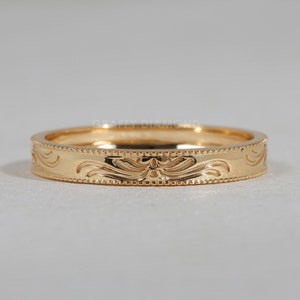 Vintage vigselring i gult guld, snidad Milgrain-ring, alliansring i art déco-stil, stapelbar ring, present till henne, personliga smycken