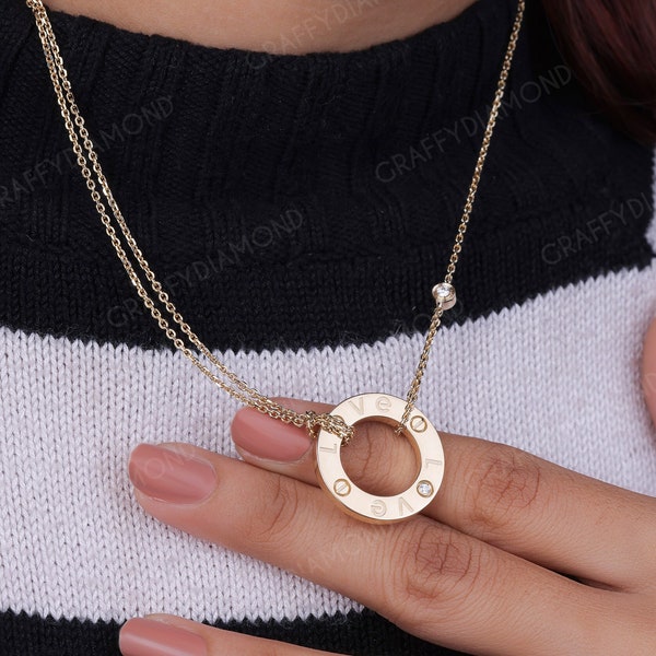 14k Solid Yellow Gold Love Circle Pendant Double Chain Necklace Charm 2 Diamond Circle Pendant Forever Pendant Anniversary Gift Customized