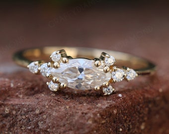 Marquise Cut Moissanite Engagement Ring East West Setting Cluster Ring 14k White Gold Moissanite Ring Hen Party Gift Horizontal Diamond Ring