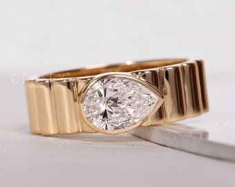 Pear Shape Moissanite Diamond Bezel Set Ring, Solitaire Men&#39;s Wedding Ring, Unique Cigar Band Engagement Ring, Statement Ring For Him