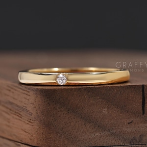 14K Yellow Gold Single Diamond Ring Band, Simple Flush Set Stacking Wedding Band, Matching Band For Ring, Classic Men&#39;s Engagement Band