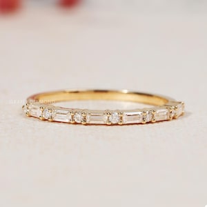 Half Eternity Baguette And Round Cut Moissanite Wedding Band Stackable Band Yellow Gold Engagement Band Bridal Set Bridal Ring Gift For Her