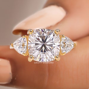 Three Stone Engagement Ring, Four Prong Pinched Shank Wedding Ring, Sparky Trillion with 1/2/3 Carat Cushion Cut Moissanite Anniversary Ring