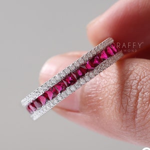 Vintage 3 Raw Diamond Wedding Band Princess Cut Red Garnet Full Eternity Band Unique Wide Band January Birthstone Ring 14K Yellow Gold Ring