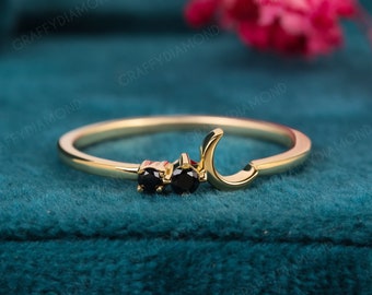 Dainty Ring Crescent Moon Ring Black Onyx Ring 14K Solid Yellow Gold Moon Ring Onyx Gemstone Ring Birthstone Ring Minimalist Stacking Ring