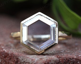 Stunning Hexagon Cut Moissanite Engagement Ring Portrait Cut Solitaire Ring 14K Gold Bezel Ring One Diamond Forever Ring Statement Ring