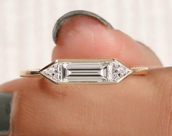 0.72 CT East West Baguette Diamond Engagement Ring 14K Solid Yellow Gold Bezel Set Moissanite Ring Three Stone Wedding Ring Gift For Her
