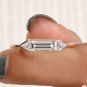 0.72 CT East West Baguette Diamond Engagement Ring 14K Solid Yellow Gold Bezel Set Moissanite Ring Three Stone Wedding Ring Gift For Her