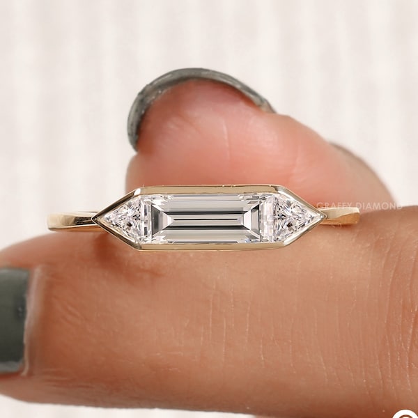 0.72 CT East West Baguette Diamond Engagement Ring, 14K Solid Yellow Gold Bezel Set Moissanite Ring, Three Stone Wedding Ring Gift For Her