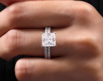 Princess Solitaire Engagement Ring Set, 2.50 CT Princess Cut Moissanite Wedding Ring Set Solid 14K Solid Gold Princess Cut Ring Wedding Ring