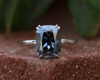 Elongated Cushion Cut Engagement Ring Blue Moissanite Solitaire Ring Hidden Halo Wedding Ring Double Prong Set Ring Stackable Bridal Ring