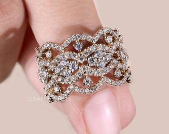 Vintage 14K Yellow Gold Round Moissanite Band, Wide Bridal Ring, Filigree Anniversary Jewelry, Elegant Statement Eternity Band Gift for Her
