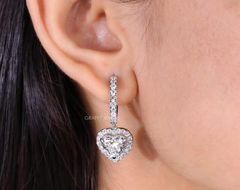 Heart Shaped Diamond Halo Drop Earrings, Huggie Hoop Dangle Earrings in White Gold, Wedding Earrings for Bride, Christmas Gift for Her